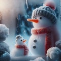 31 12. A snowman standing outside the froen glass, its carrot n